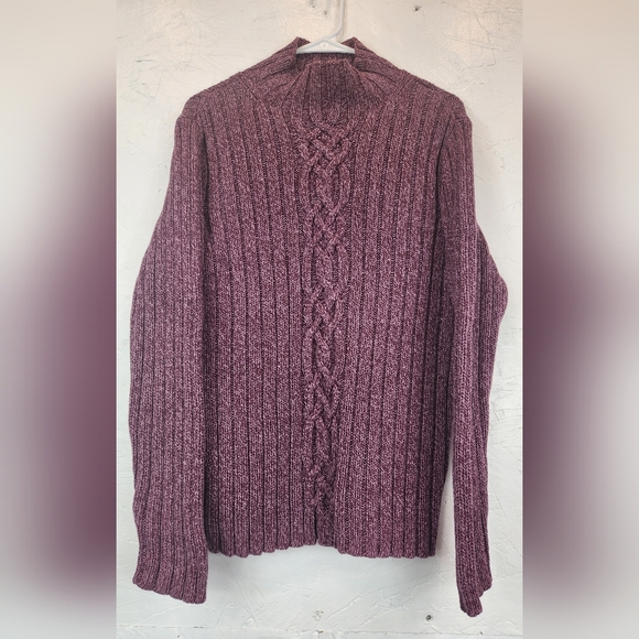 LL Bean Cable Knit Chunky Fisherman Sweater Women’s Size Large Purple Mock Neck‎ - Picture 1 of 4
